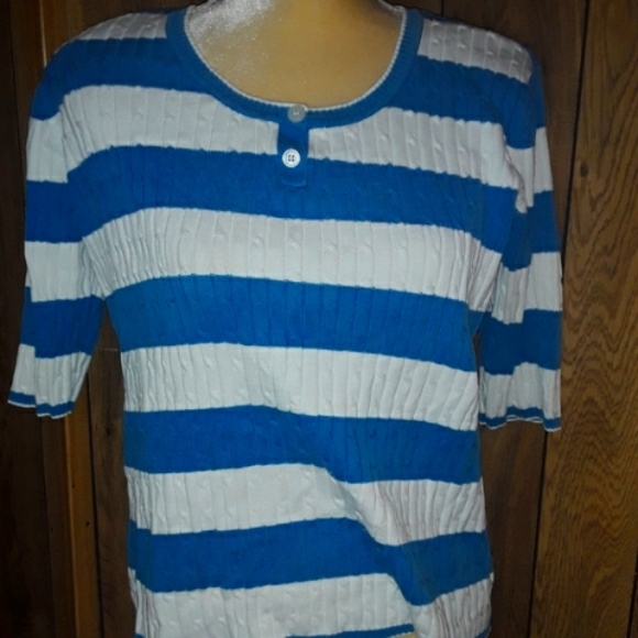 Womans Large Shirt Blue & White Striped Top Midsleeved Textured Comfy Blouse - Picture 3 of 4